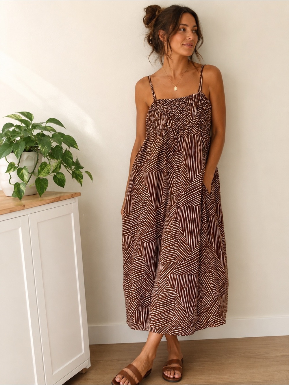 A New Day Brown Printed Smocked Maxi Dress